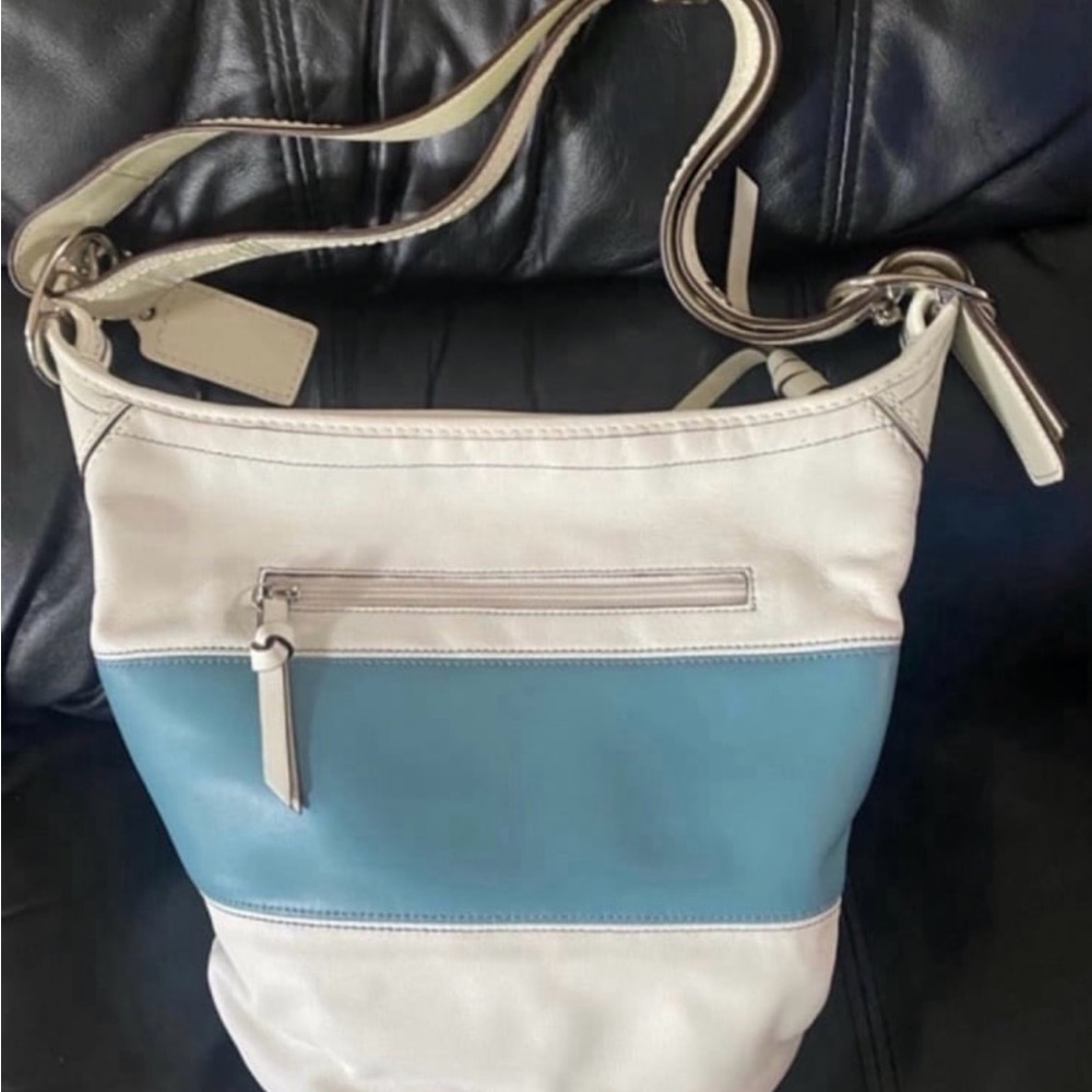 Coach Leather Bucket Off White and Blue Women's Bag 11” X 11”
